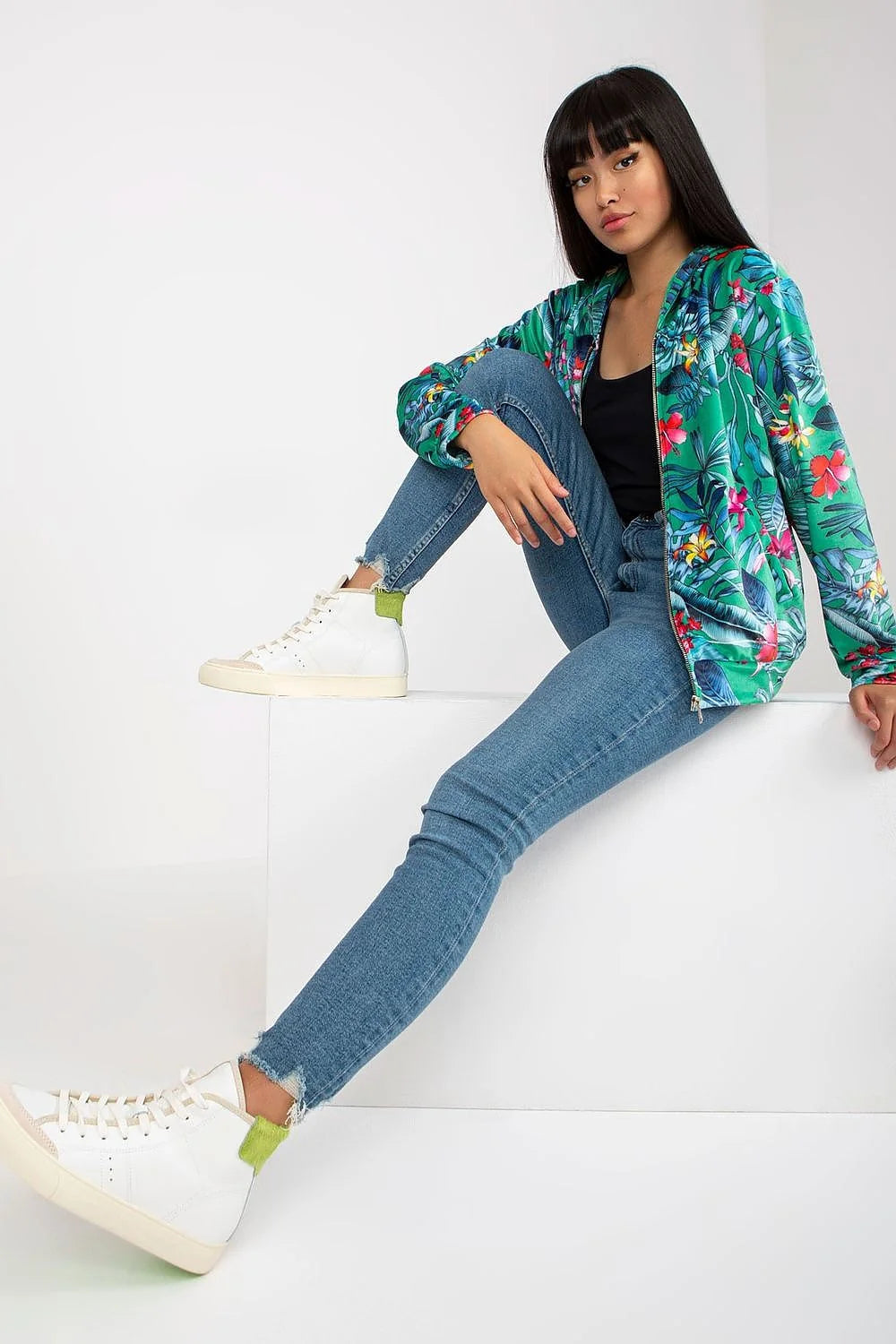 Veste femme design floral tropical multicolore capuche fermeture éclair matériau léger