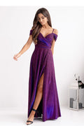 Robe longue élégante en V manches courtes fente haute tissu scintillant couleur violet nuit soirée femmes