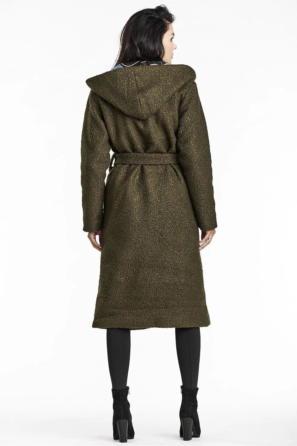 Manteau élégant pour femmes vert olive col châle capuche laine bouclée Awama longueur mi-mollet ceinture fermeture boutons