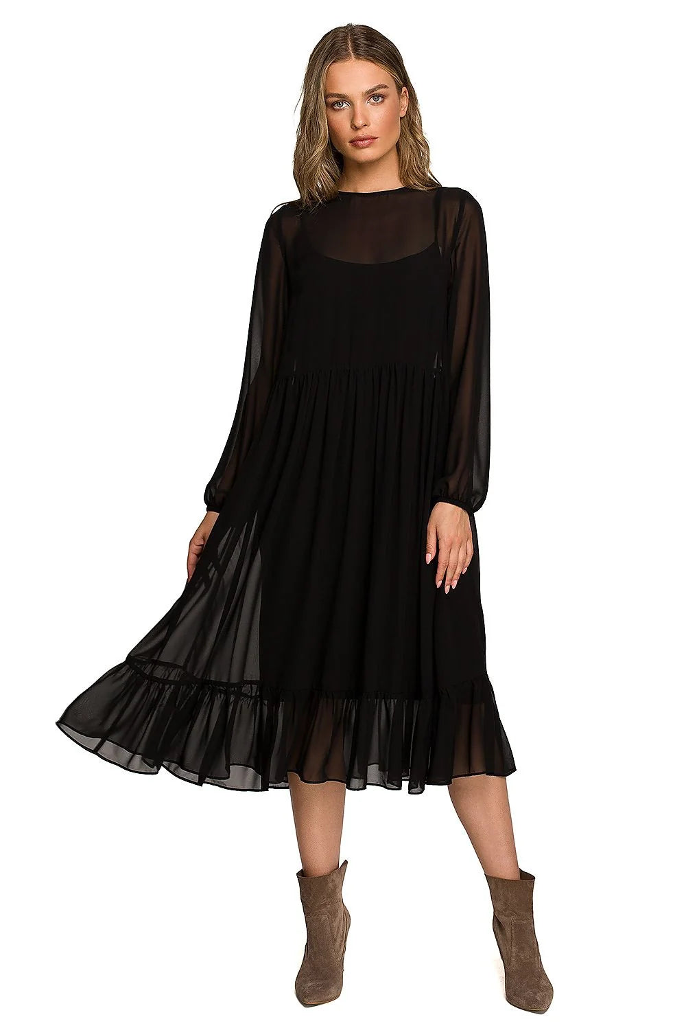 Robe de cocktail élégante en mousseline de soie manches larges taille haute volants femme
