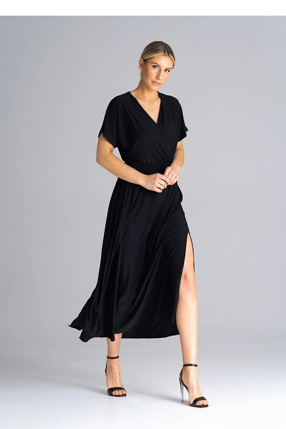Robe de jour élégante longue manches courtes encolure V croisée taille ajustable noire femme polyester elastane
