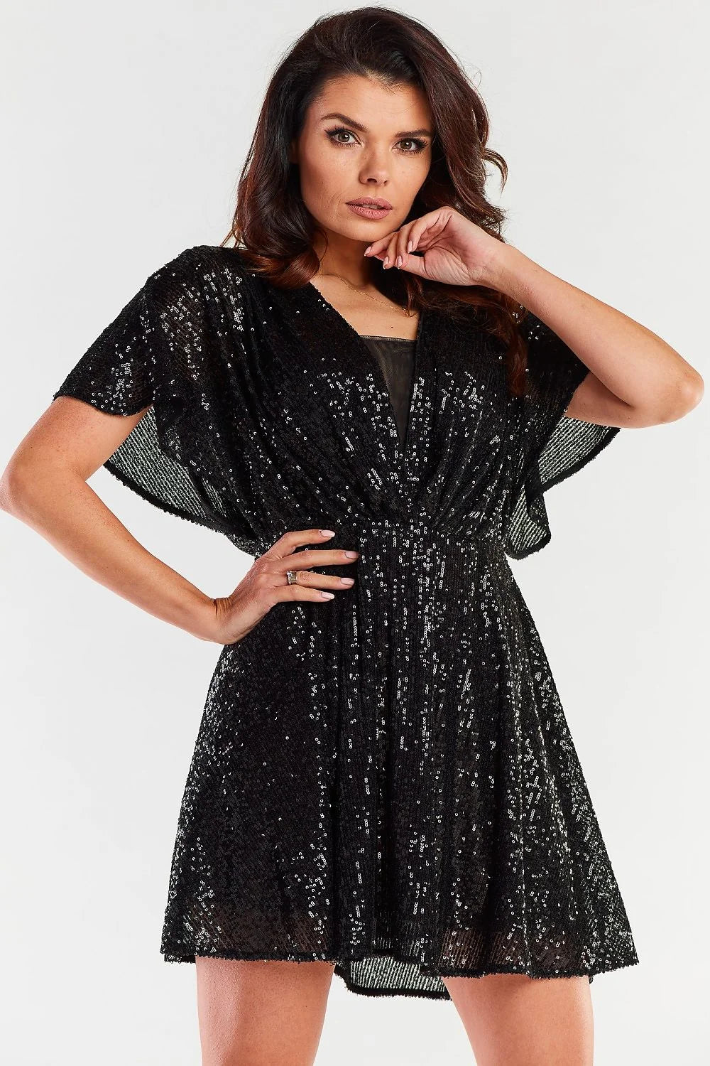Robe de soirée élégante courte dos nu déchirure manches amples évasée paillettes rose métallique femme
