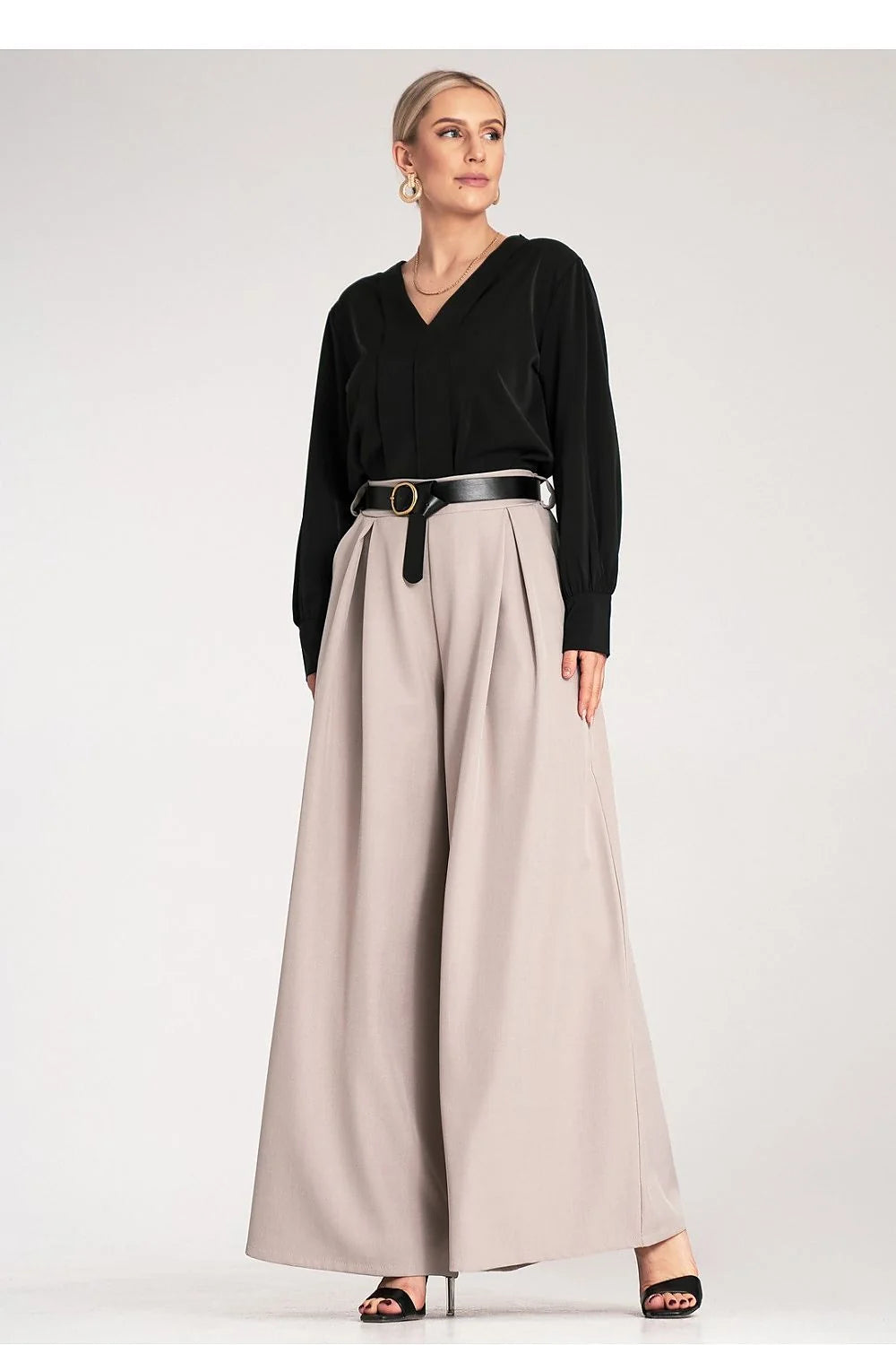 Pantalon femme Figl élégant style palazzo ceinture noire tissu délicat taille haute élastique jambes larges poches latérales Polyester 95% Élasthanne 5%