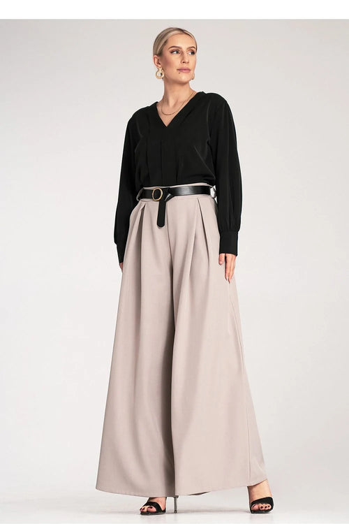 Pantalon femme Figl élégant style palazzo ceinture noire tissu délicat taille haute élastique jambes larges poches latérales Polyester 95% Élasthanne 5%