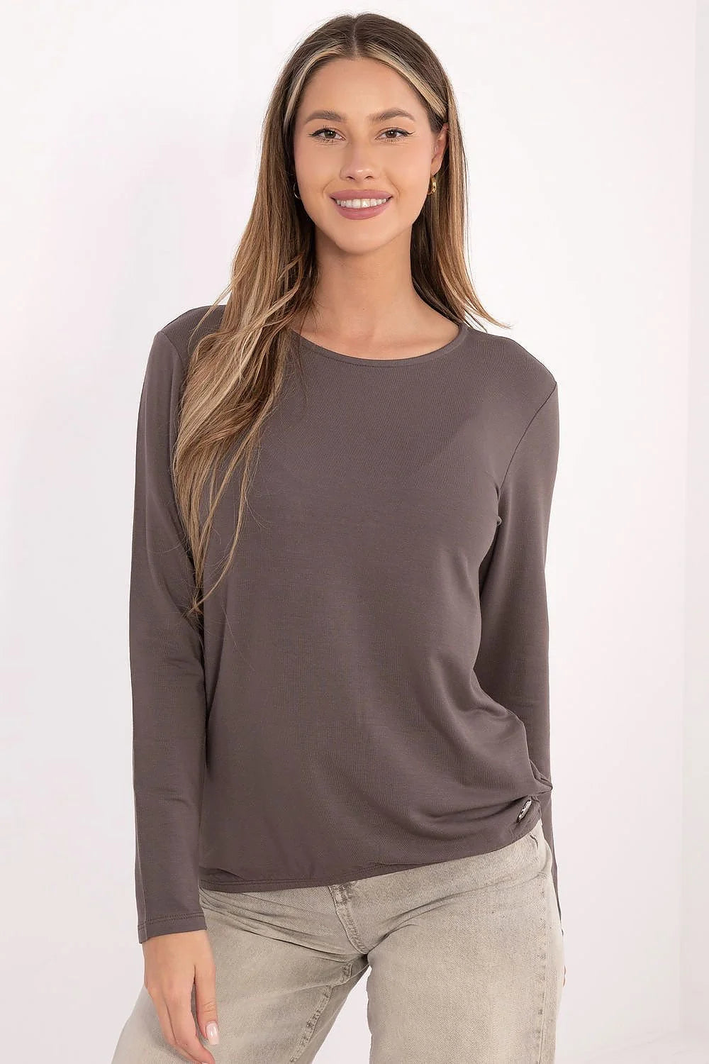 chemisier femme quotidien décontracté confortable modal élasthanne doux extensible ajusté col rond manches longues élastique bas minimaliste taupe