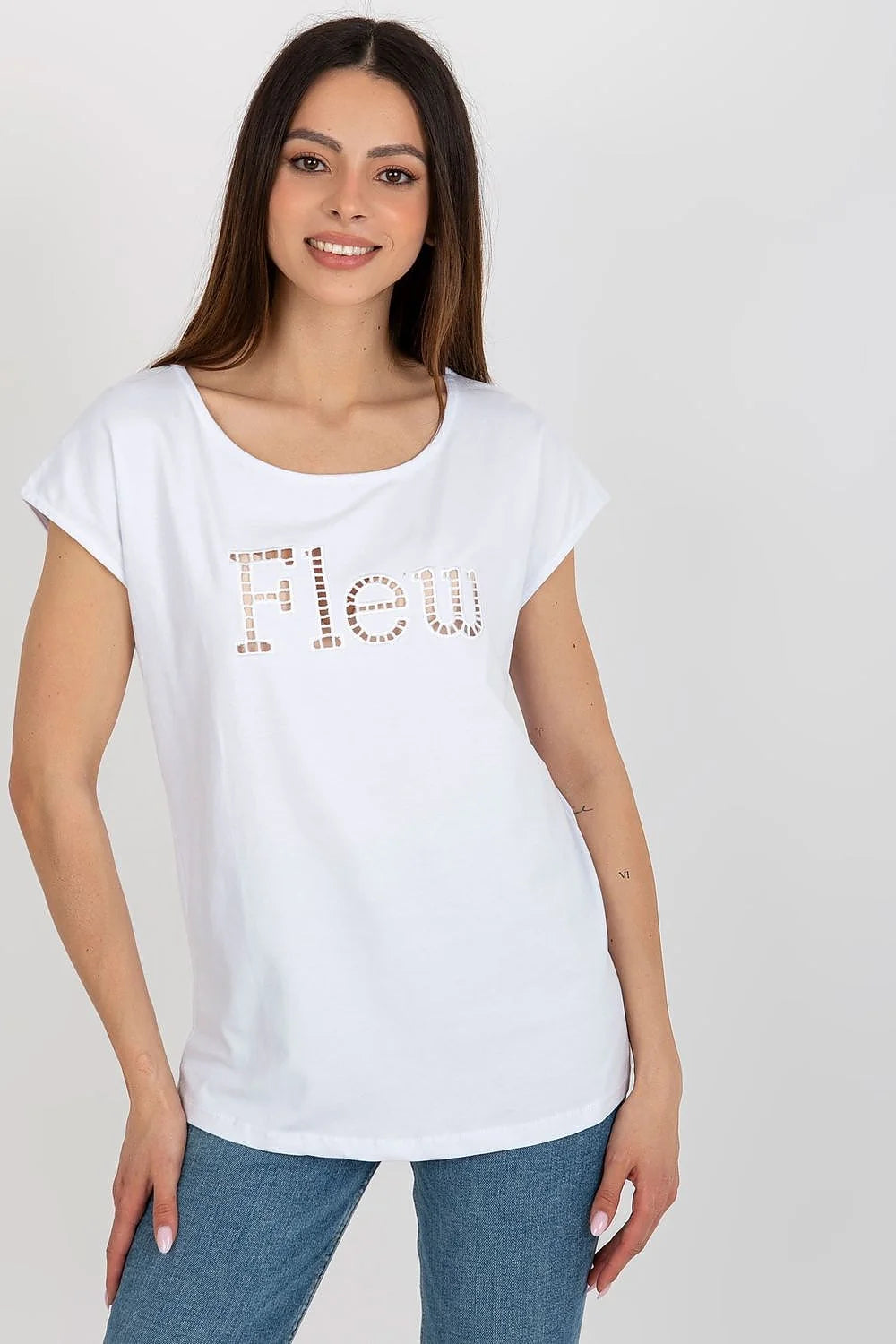 T-shirt Fancy femme style décontracté moderne col rond manches courtes coton élasthanne blanc motif mosaïque Flew beige rose