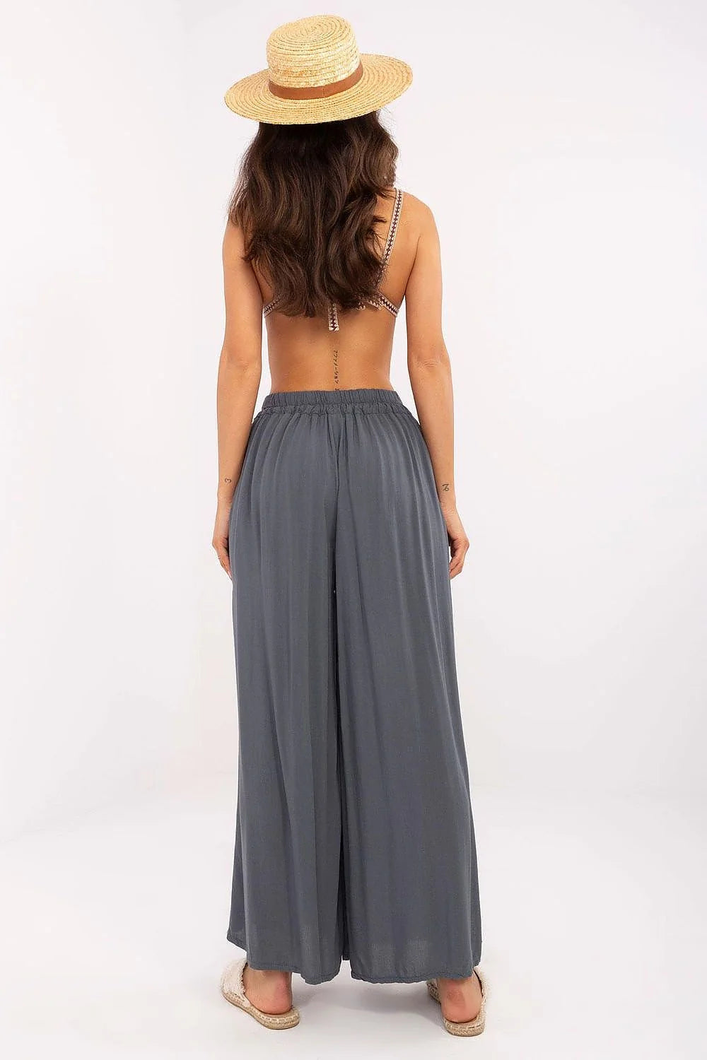 pantalon ample femme palazzo taille haute élastique gris anthracite fluide léger viscose coton cheville plis drapé bohème