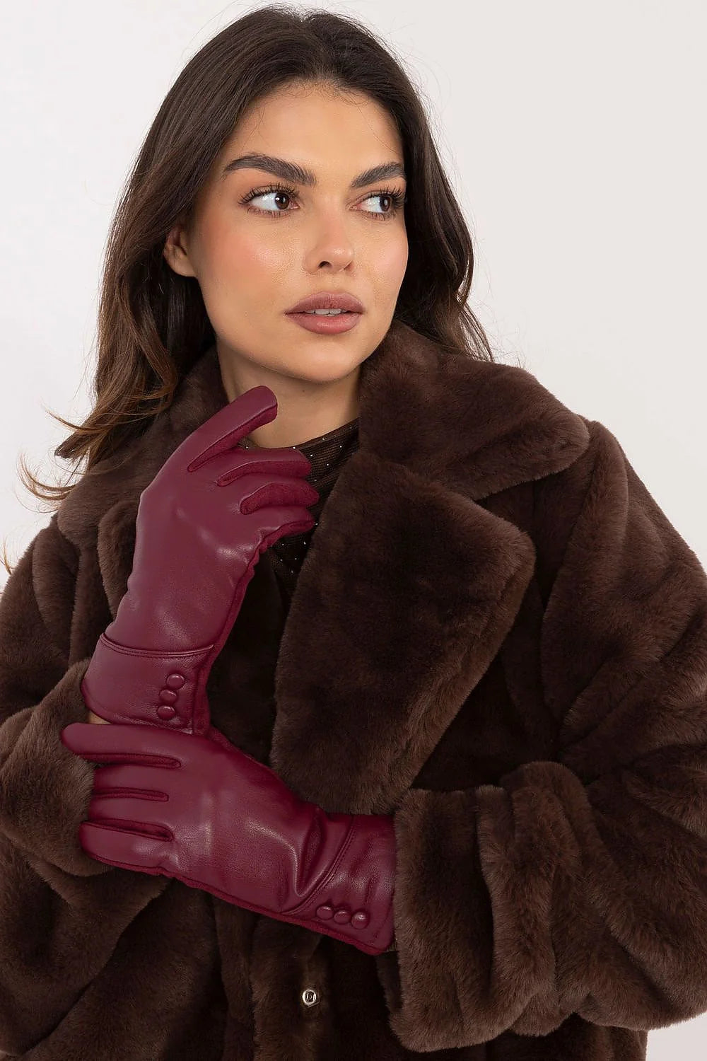 Gants élégants en cuir bordeaux pour femme isolation fourrure synthétique boutons décoratifs fleur brodée