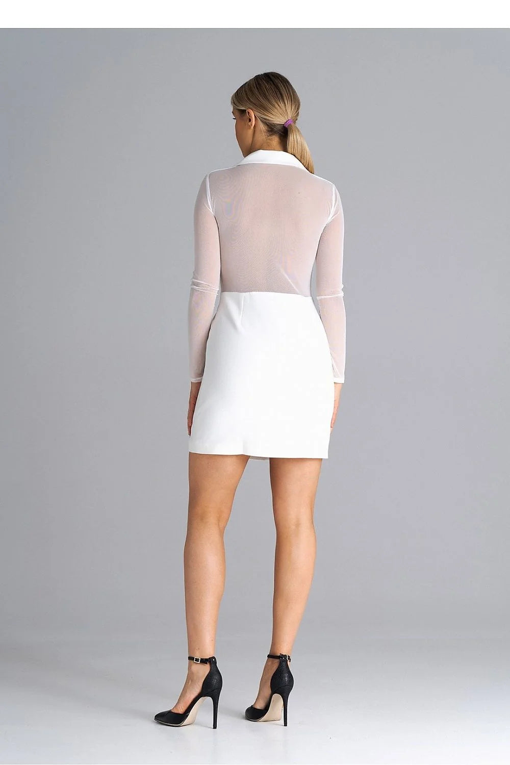 Robe blazer élégante pour femme en blanc avec manches transparentes et dos en maille, taille ajustable, soirée, événements formels