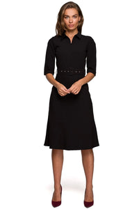 robe élégante noire chemisier midi manches mi longues col chemise cintrée taille haute ceinture intégrée boucle rectangulaire œillets