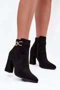 bottines femme cheville suédine noire bout pointu talon bloc haut pilier doublure chaude fermeture éclair latérale bride décorative