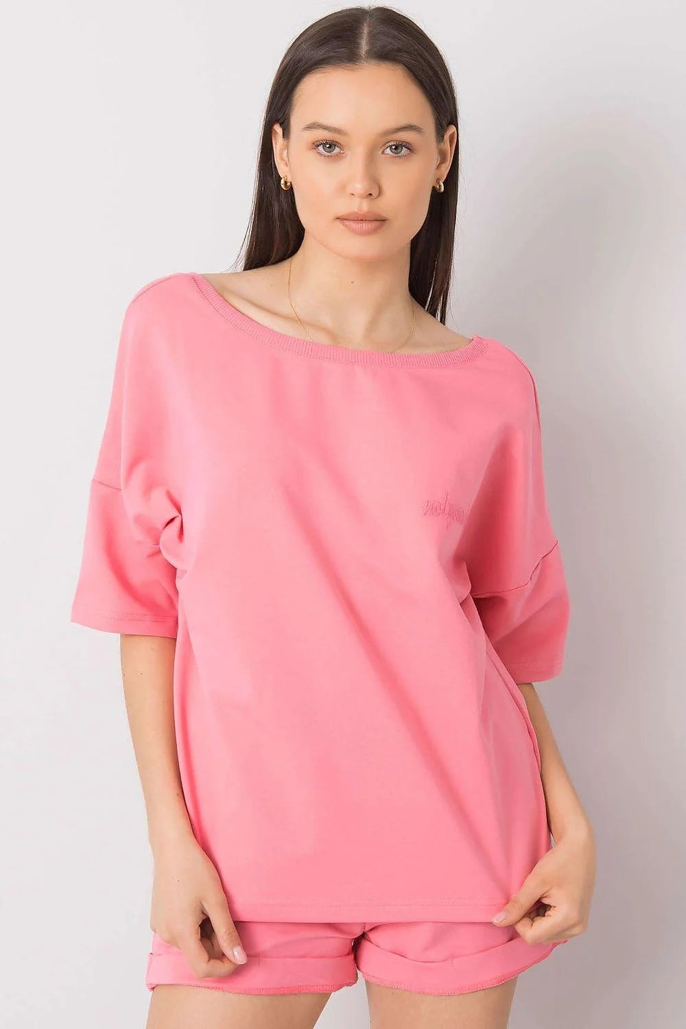 ensemble femme coton doux respirant extensible oversize encolure bateau manches mi longues short ajusté ourlet retroussé rose vibrant