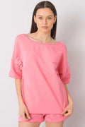 ensemble femme coton doux respirant extensible oversize encolure bateau manches mi longues short ajusté ourlet retroussé rose vibrant