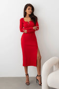 Robe de soirée élégante midi manches longues décolleté carré boutons décoratifs couleur rouge vif femme