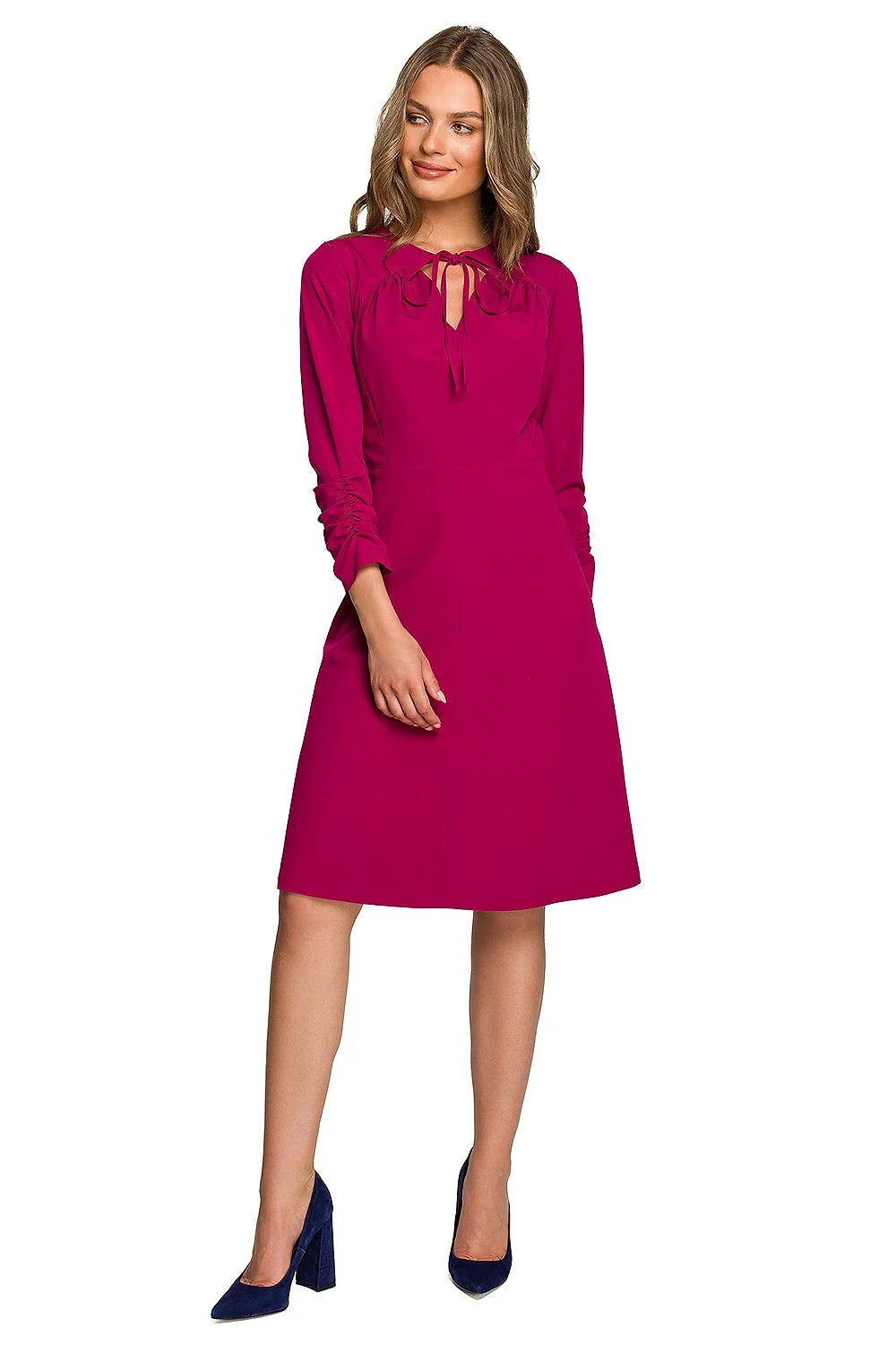 Robe de jour élégante pour femme en vert émeraude manches longues taille ajustable style classique