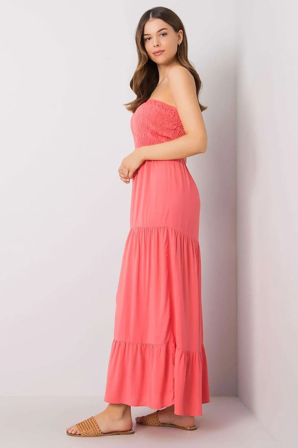 Robe de jour Fresh Made longue sans bretelles floral noir blanc rose clair élastique volants femme été