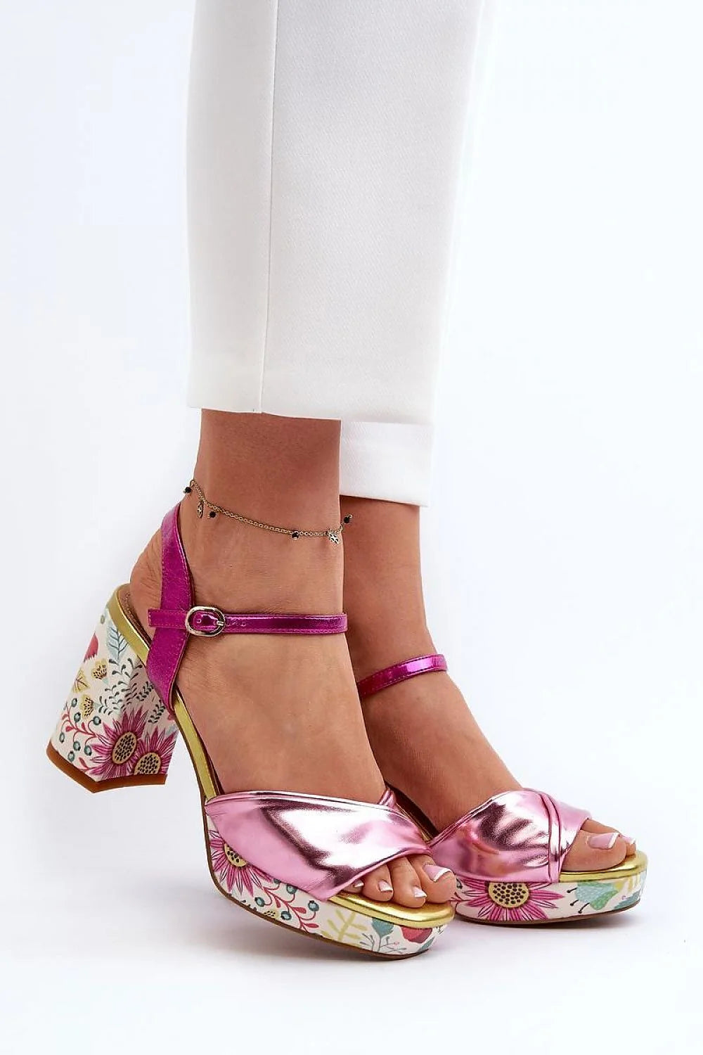 Sandales femmes design floral motif multicolore métallique rose talon bloc 7-8 cm bride ajustable confort été style rétro élégance