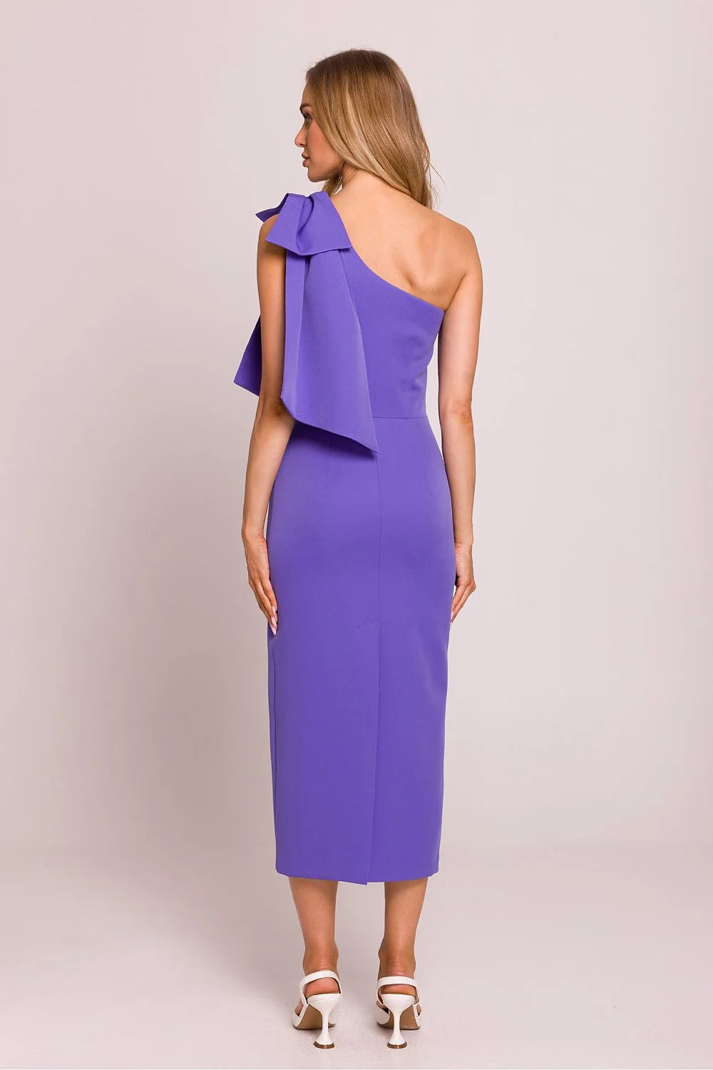 Robe de cocktail élégante asymétrique sans manches épaule nouée taille ajustée couleur violet vif en polyester et élasthanne femme