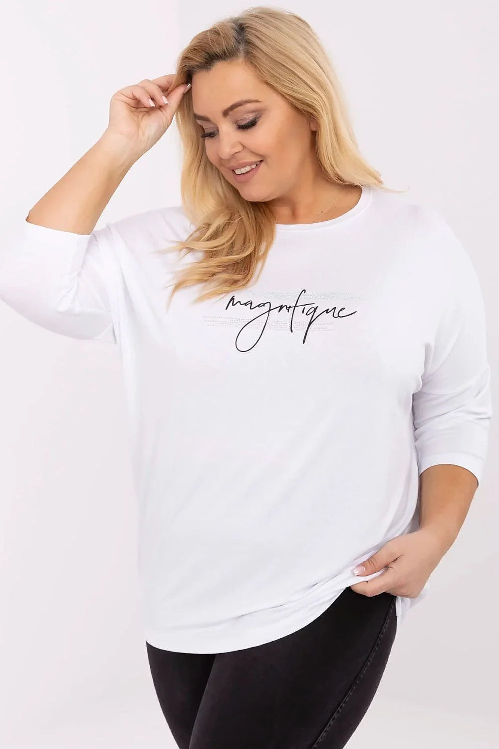Haut pour femmes décontracté couleur blanche pure tissu léger confortable manches longues encolure ronde inscription magnifique cursives noires