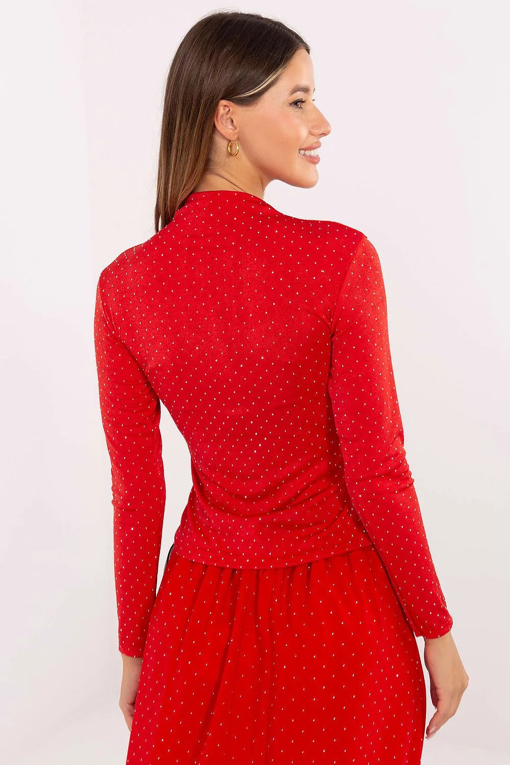 chemisier femme ajusté manches longues col roulé velours stretch rouge intense micropoints strass satinée festif chic confortable