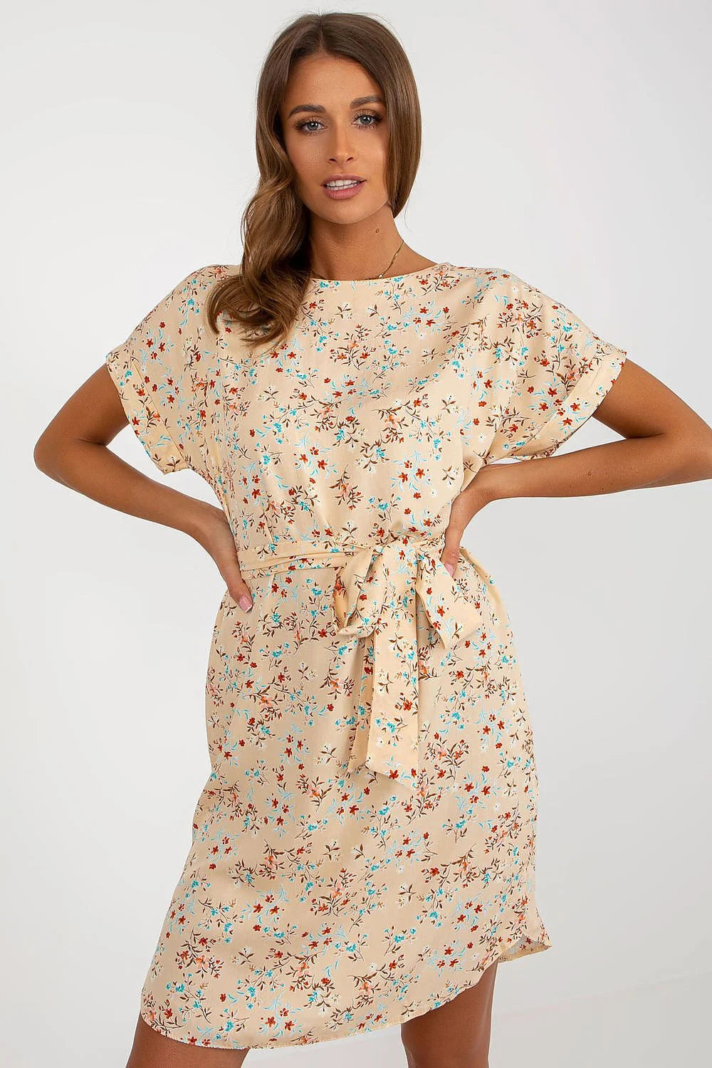 Robe de jour Rue Paris design estival floral viscose 100% manches courtes encolure ronde ceinture nouée
