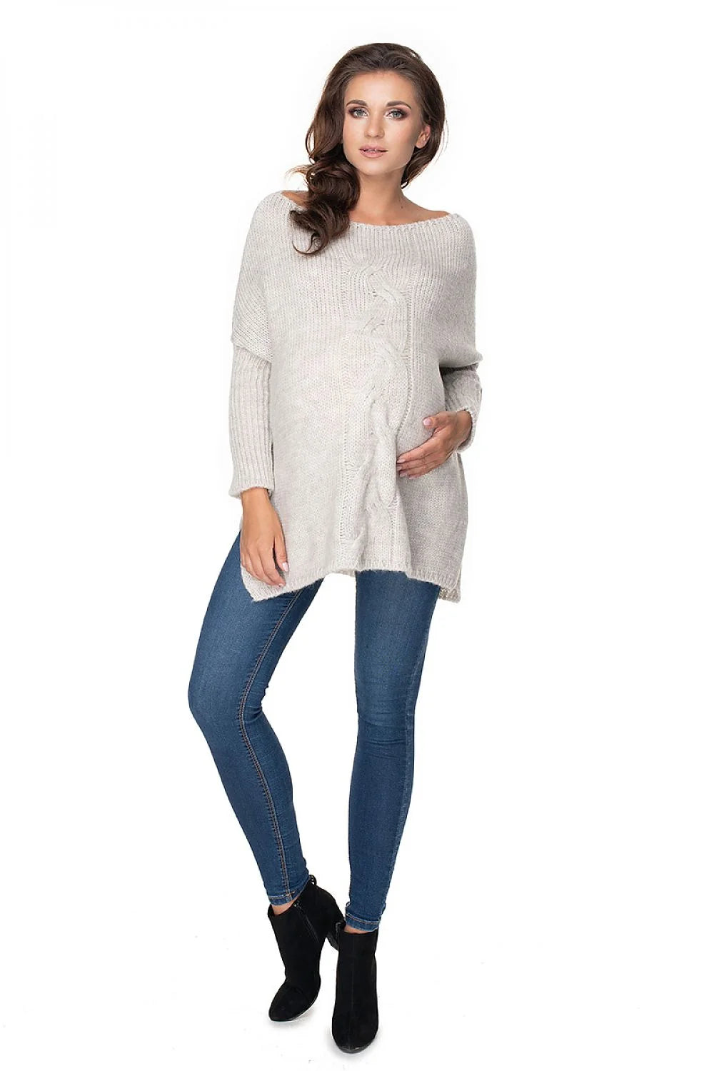 pull oversize femme long tunique maille tricotée crème col bateau torsadé vertical coupe ample manches longues fentes latérales douceur maternité