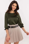 chemisier Lakerta satiné vert olive foncé manches trois quarts bouffantes poignets froncés col rond coupe ample fluide femme sophistiqué élégant