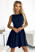 Numoco robe soirée élégante bleu marine sans manches encolure haute buste ajusté taille marquée jupe évasée dos long