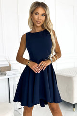 Numoco robe soirée élégante bleu marine sans manches encolure haute buste ajusté taille marquée jupe évasée dos long