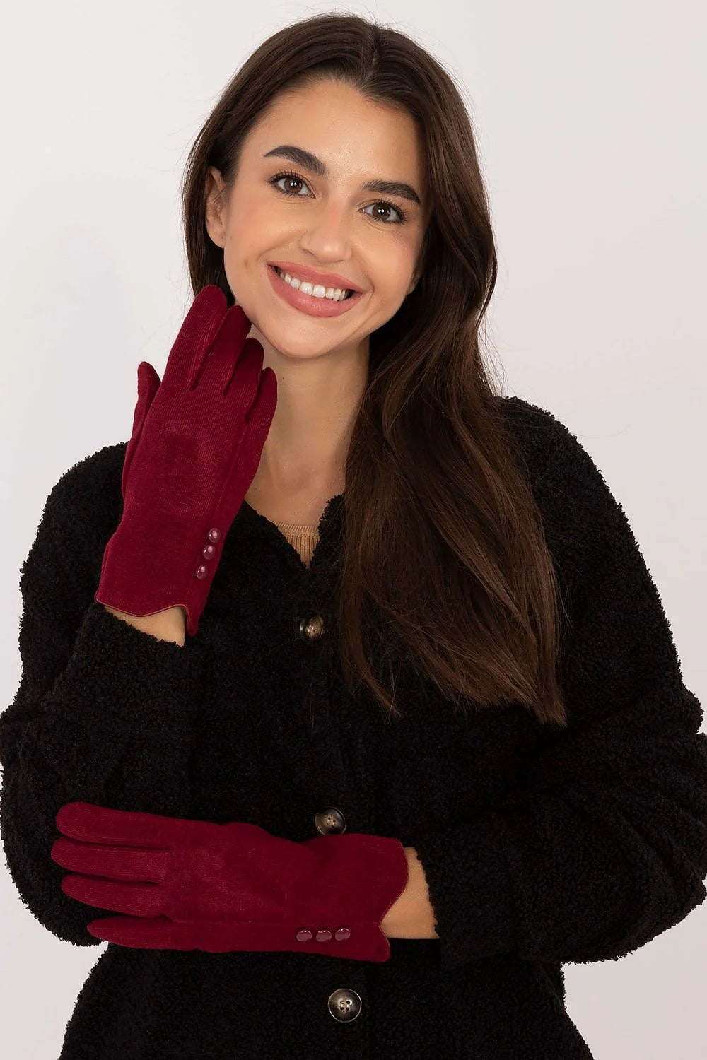 Gants élégants pour femmes, tissu lisse isolé, boutons décoratifs, fleur brodée, coton 60% élasthanne 5% polyester 35%, coupe ajustée, couleur burgundy, hiver automne, accessoire mode