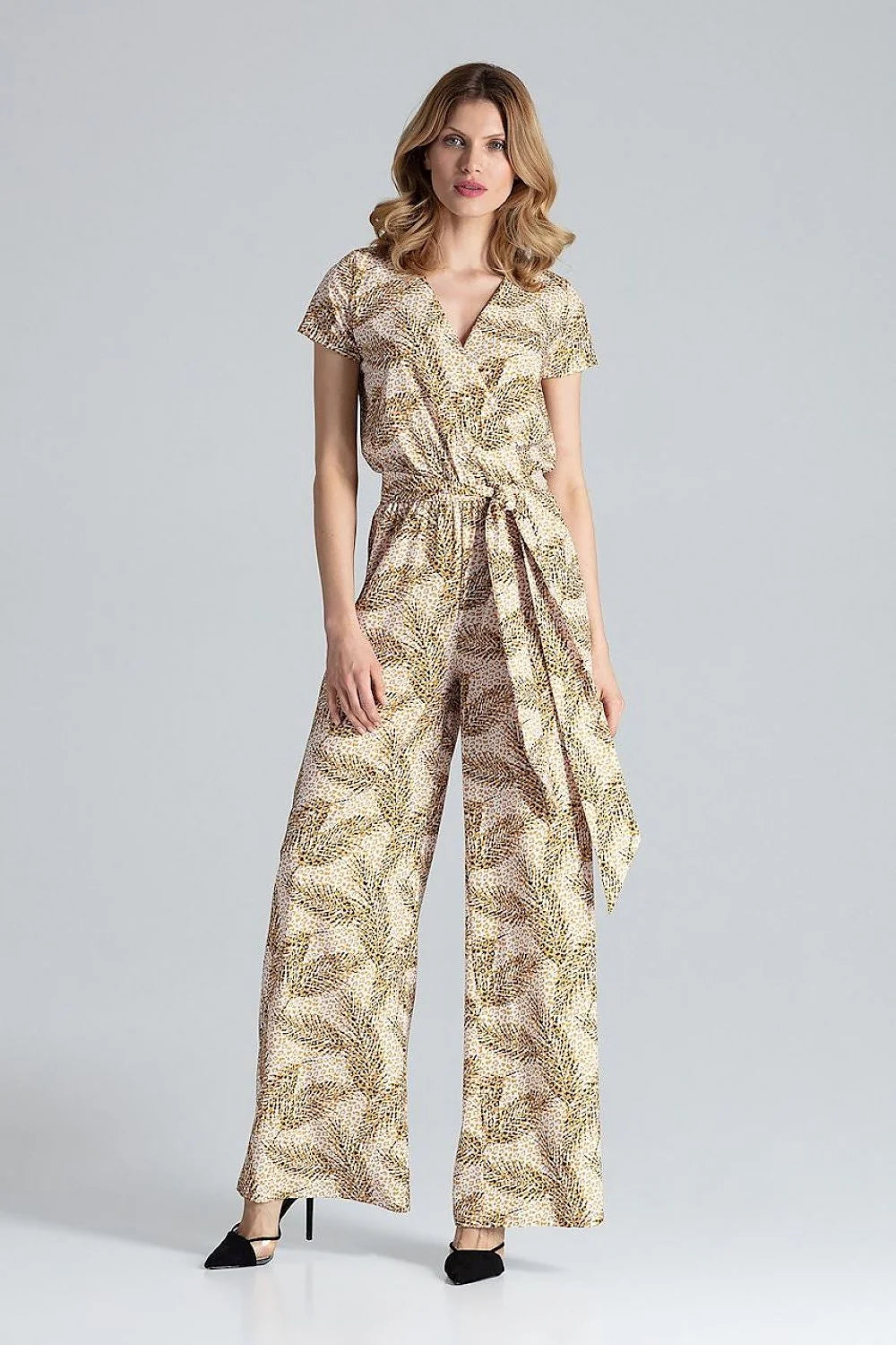 Combinaison femme élégante manches courtes ceinture nouée style bohème chic polyester elasthanne beige marron