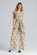 Combinaison femme élégante manches courtes ceinture nouée style bohème chic polyester elasthanne beige marron