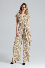 Combinaison femme élégante manches courtes ceinture nouée style bohème chic polyester elasthanne beige marron