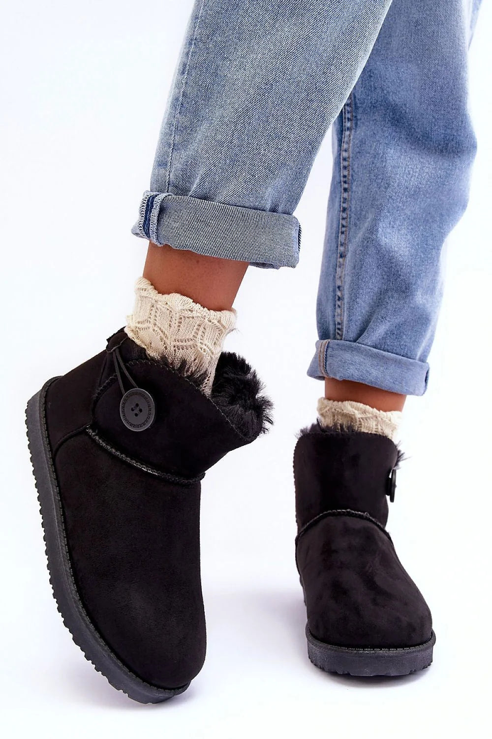 Bottines noires suédine casual confortables fourrure intérieure chaude semelle crantée hiver femmes élégantes