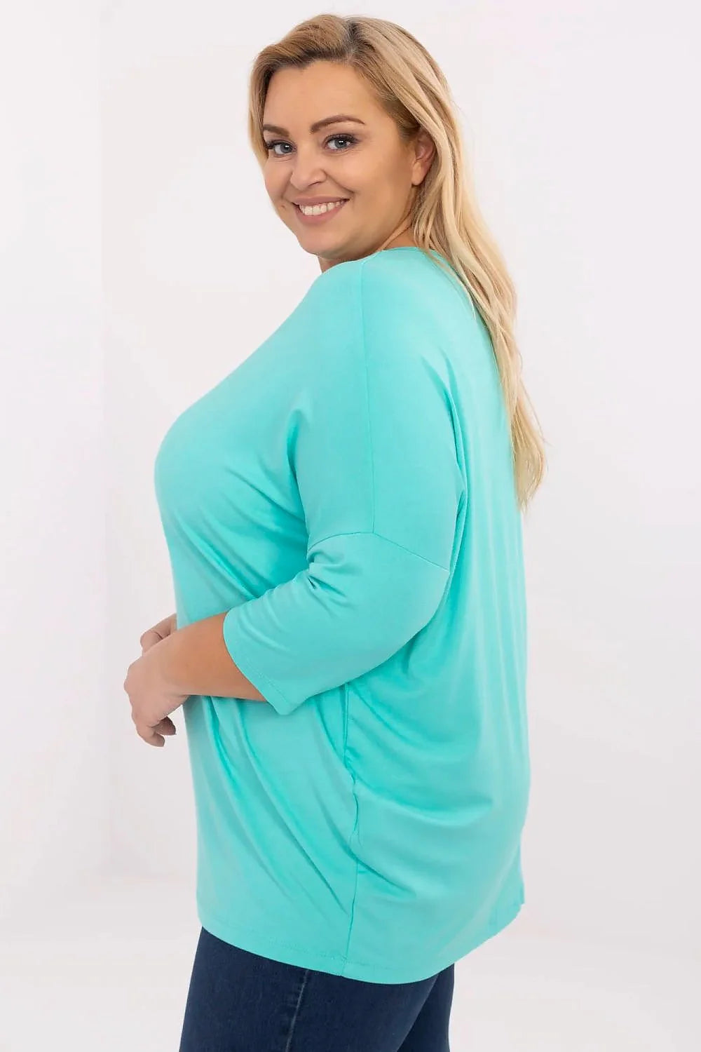 Chemisier grande taille style décontracté couleur turquoise manches 3/4 tissu doux elastane viscose graphique élégant