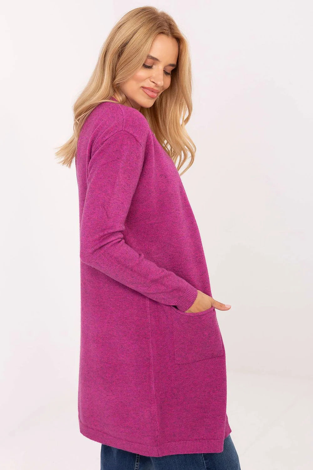 cardigan long femme ouvert maille fine fuchsia magenta coupe droite mi cuisses manches longues bords côtelés poches plaquées sans fermeture