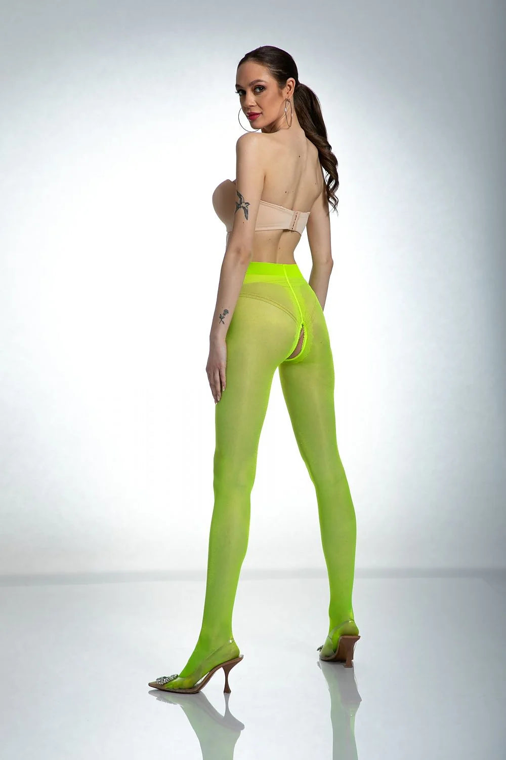 Collant amour femmes high-waisted open gusset tights vibrant neon green nude bandeau top sexy fashion statement lingerie