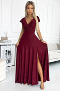 robe soirée longue bordeaux paillettes décolleté plongeant manches papillon taille cintrée jupe évasée fente latérale scintillante extensible élégante sophistiquée gala