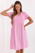 Robe d'été féminine évasée confortable Italy Moda coton élasthanne manches courtes col V rose pastel