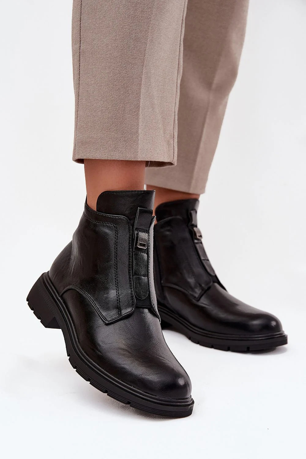 bottines femme Jezzi cuir écologique noir cheville talon bas plat semelle crantée antidérapante fermeture éclair centrale doublure chaude confortable élégant