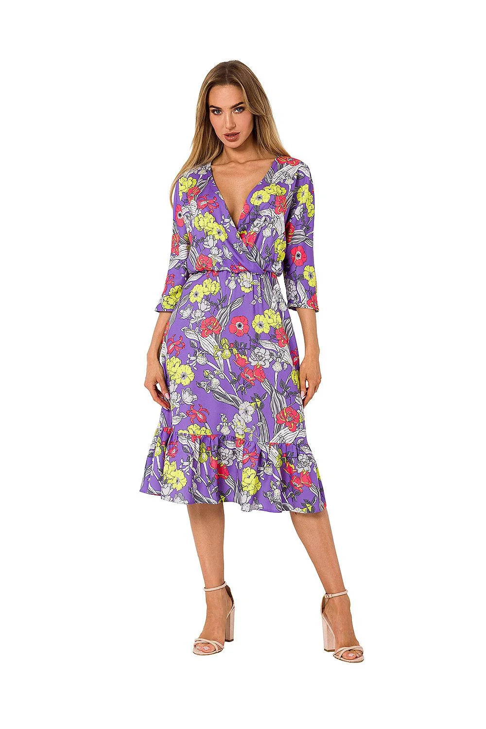 Robe estivale féminine midi en V cache-cœur manches 3/4 tissu fluide motifs floraux coloris turquoise femme