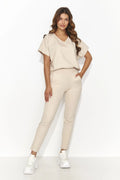 Ensemble de mode féminin beige clair maille confortable élégant coupe ample col V pantalon ajusté occasions multiples femmes