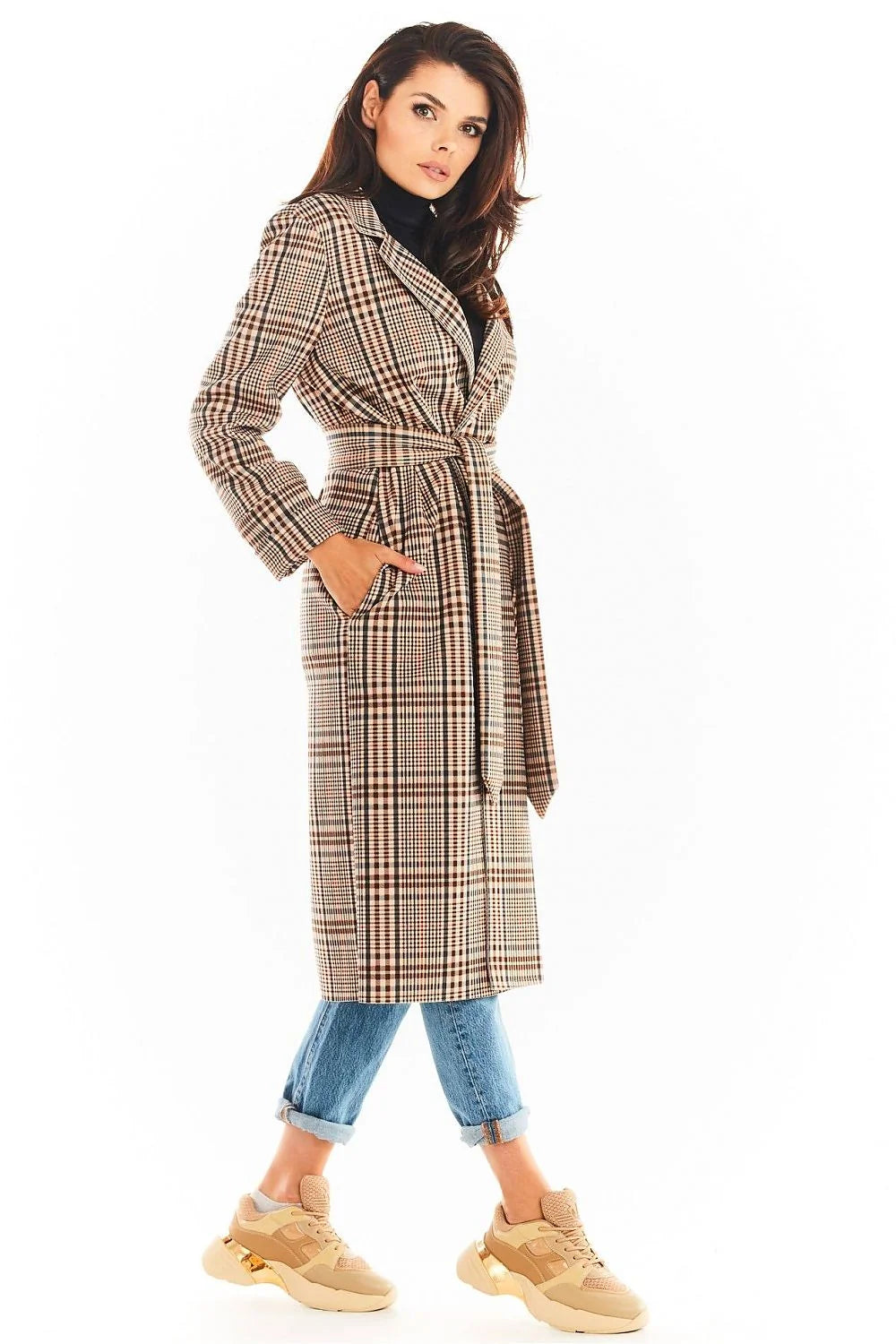 Manteau pour femme élégant classique motif carreaux long double col ceinture manches longues fabriqué en Pologne polyester elasthanne taille S/M L/XL