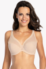 Soutien-gorge microfibre rayée beige classique bonnets pleins confortable coton élasthanne polyuréthane ajustables femmes moderne discret occasionnels