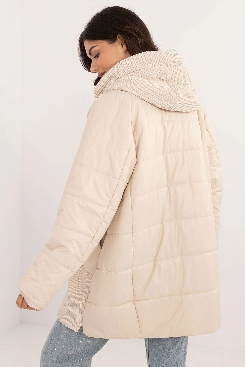Manteau femme moderne élégant beige clair mixte matelassé tricot manches longues capuche poches grandes fermeture éclair