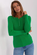 Pull femme vert vif manches longues encolure V boutons ajusté viscose élasthanne mode automne hiver