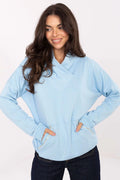 sweatshirt femme décontracté coton élasthanne doux col roulé revers poche kangourou zips dorés bleu ciel ample manches longues poignets côtelés