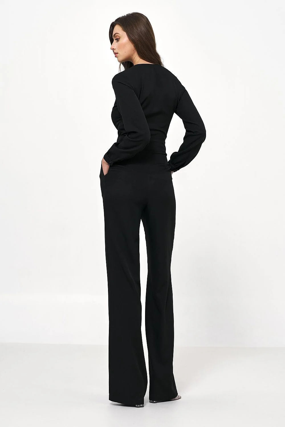 Combinaison élégante pour femme noir coupe ajustée taille cintrée manches longues en V boutons intégrés polyester élasthanne