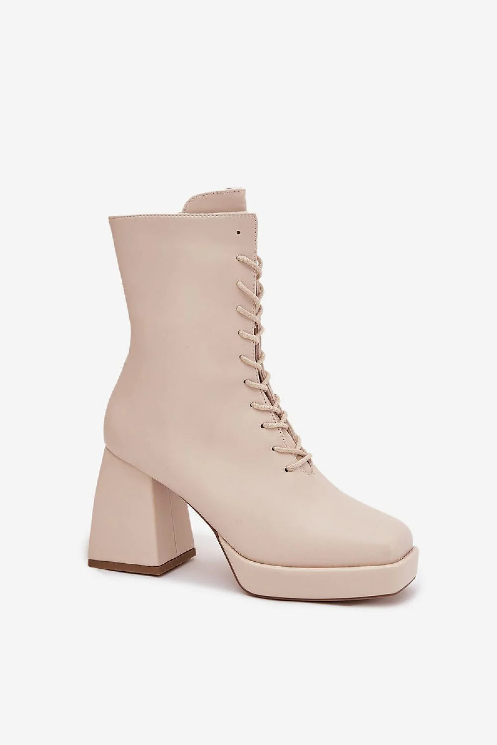 bottines femme similicuir beige lisse talon bloc plateforme lacées zippées bout carré tige mi mollet doublure chaude confortable