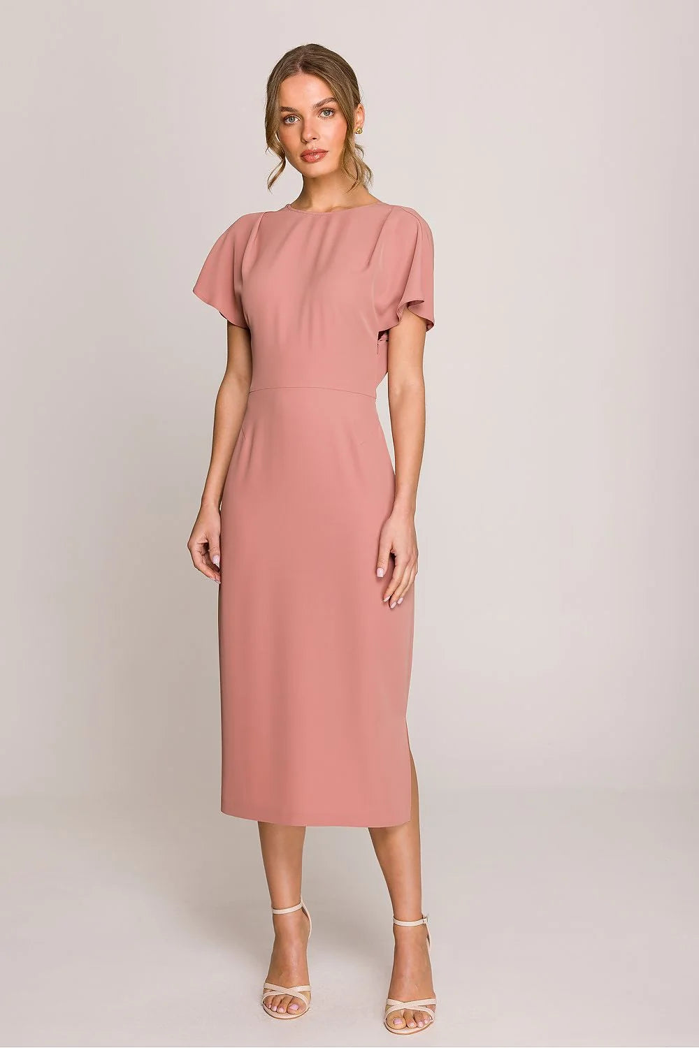 Robe de jour Stylove élégante couleur rose pâle coupe ajustée manches courtes fente latérale matière légère femme occasion semi-formelle